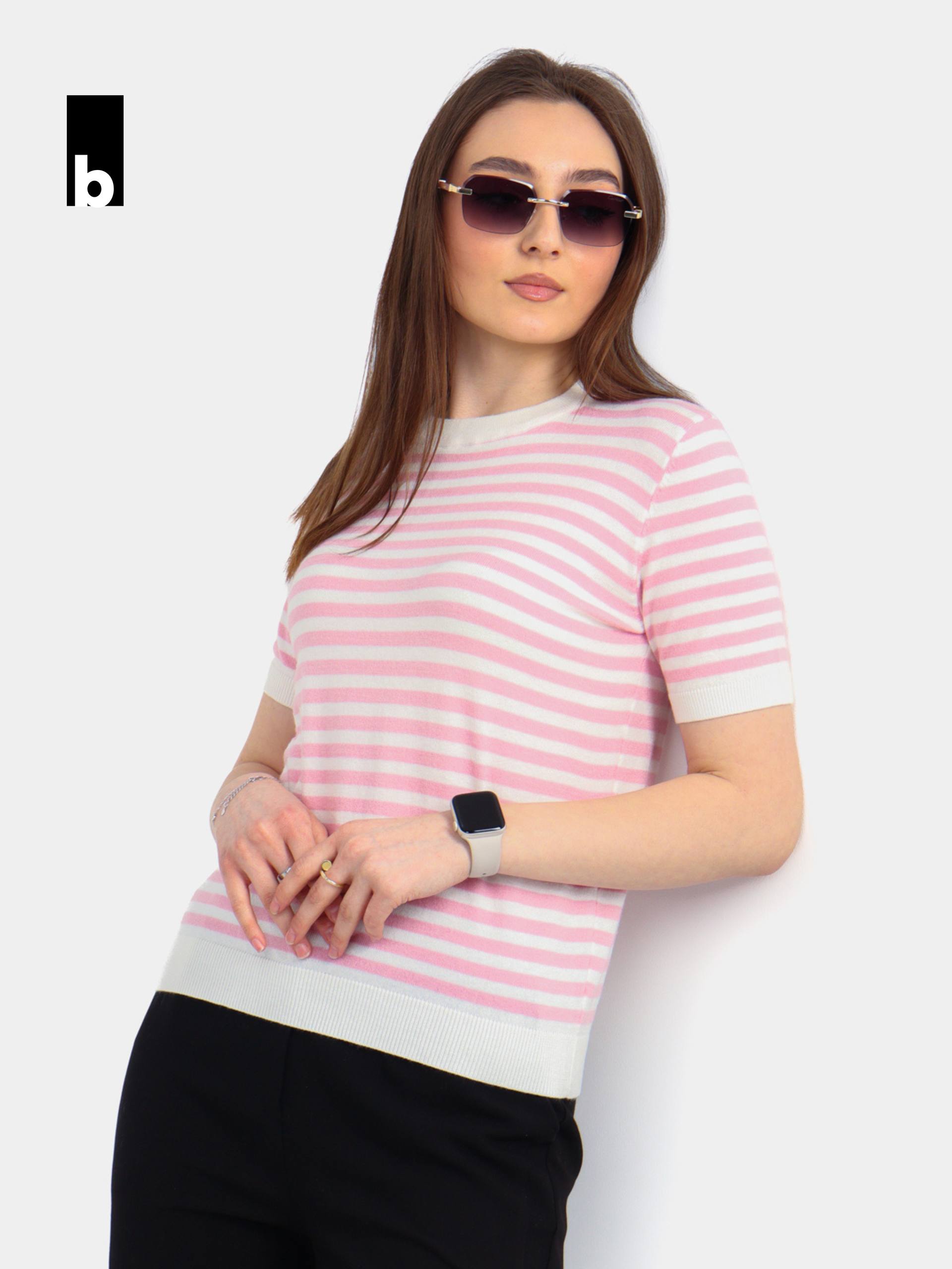 Вязаная футболка в полоску (розово-белая)
